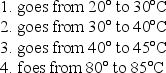 Rank from smallest to largest, the changes in entropy of a pan of water on a hot plate, as the temperature of the water   A)  1, 2, 3, 4 B)  5,4,3,2 C)  1 and 2 tie, then 3 and 4 tie D)  3 and 4 tie, then 1 and 2 tie E)  4, 3, 2, 1