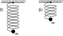 A simple harmonic oscillator consists of a mass m and an ideal spring with spring constant k. The particle oscillates as shown in (i)  with period T. If the spring is cut in half and used with the same particle, as shown in (ii) , the period will be:   A)  2T B)    C)    D)  T E)  T/2