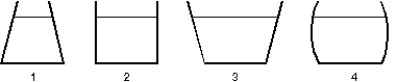 The vessels shown below all contain water to the same height. Rank them according to the pressure exerted by the water on the vessel bottoms, least to greatest.   A)  1, 2, 3, 4 B)  3, 4, 2, 1 C)  4, 3, 2, 1 D)  2, 3, 4, 1 E)  All pressures are the same