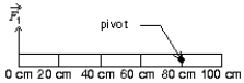 A meter stick on a horizontal frictionless table top is pivoted at the 80-cm mark. A force   is applied perpendicularly to the end of the stick at 0 cm, as shown. A second force   (not shown)  is applied perpendicularly at the 100-cm end of the stick. The forces are horizontal. If the stick does not move, the force exerted by the pivot on the stick:   A)  must be zero B)  must be in the same direction as   and have magnitude   C)  must be directed opposite to   and have magnitude   D)  must be in the same direction as   and have magnitude   E)  must be directed opposite to   and have magnitude  