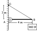 A 960-N block is suspended as shown. The beam AB is weightless and is hinged to the wall at A. The tension force of the cable BC has magnitude:   A)  720 N B)  1200 N C)  1280 N D)  1600 N E)  none of these
