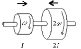  Two disks are mounted on low-friction bearings on a common shaft. The first disc has rotational inertia I and is spinning with angular velocity    \omega  . The second disc has rotational inertia 2I and is spinning in the same direction as the first disc with angular velocity 2   \omega  as shown. The two disks are slowly forced toward each other along the shaft until they couple and have a final common angular velocity of:   A)  5   \omega  /3 B)    C)    D)     \omega   E)  3   \omega 