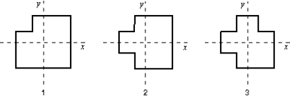 A machinist starts with three identical square plates but cuts one corner from one of them, two corners from the second, and three corners from the third. Rank the three plates according to the x coordinates of their centers of mass, from smallest to largest.   A)  1, 2, 3 B)  1 and 2 tie, then 3 C)  1, then 2 and 3 tie D)  3, 2, 1 E)  1 and 3 tie, then 2