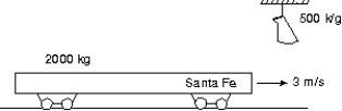 A 500-kg sack of coal is dropped on a 2000-kg railroad flatcar which was initially moving at 3 m/s as shown. After the sack rests on the flatcar, the speed of the flatcar is:   A)  0.6 m/s B)  1.2 m/s C)  1.8 m/s D)  2.4 m/s E)  3.6 m/s