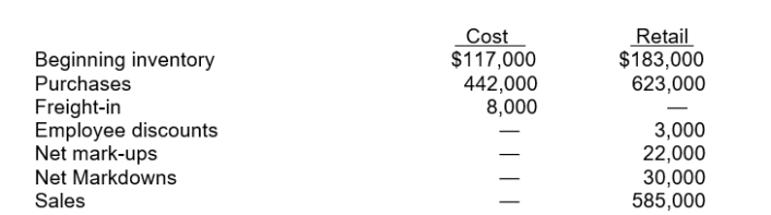 Use the following information for questions  Toby Co.uses the retail inventory method.The following information is available for the current year.    -The ending inventory at retail should be A) $240,000. B) $225,000. C) $216,000. D) $210,000.