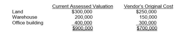 On April 1, Lagos Corporation purchased for $765,000 a tract of land on which was located a warehouse and office building.The following data were collected concerning the property:   What are the appropriate amounts that Lagos should record for the land, warehouse, and office building, respectively? A) Land, $250,000; warehouse, $150,000; office building, $300,000. B) Land, $300,000; warehouse, $200,000; office building, $400,000. C) Land, $273,214; warehouse, $163,929; office building, $327,857. D) Land, $255,000; warehouse, $170,000; office building, $340,000.