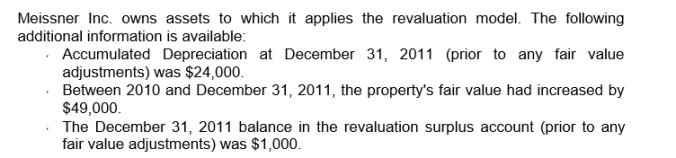 Use the following information for questions     -The adjusted 2011 year-end balance in Meissner's revaluation surplus account will be A) nil B) $49,000 C) $48,000 D) $50,000
