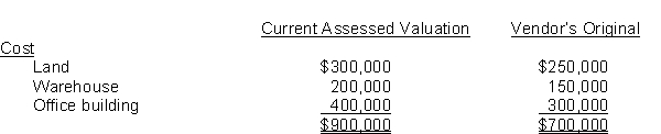 Chad Corporation purchased a tract of land for $765,000, which included a warehouse and office building.The following data were collected concerning the property:   What are the appropriate amounts that Chad should record for the land, warehouse, and office building, respectively? A) land, $250,000; warehouse, $150,000; office building, $300,000 B) land, $300,000; warehouse, $200,000; office building, $400,000 C) land, $273,214; warehouse, $163,929; office building, $327,857 D) land, $255,000; warehouse, $170,000; office building, $340,000