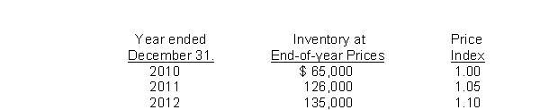 Opera Corp.uses the dollar-value LIFO method of computing its inventory cost.Data for the past four years is as follows:   What is the 2010 inventory balance using dollar-value LIFO? A) $65,000. B) $61,904. C) $122,727. D) $135,000.