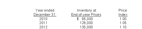 Opera Corp.uses dollar-value LIFO method of computing its inventory cost.Data for the past four years is as follows:   What is the 2011 inventory balance using dollar-value LIFO? A) $126,000. B) $128,500. C) $122,750. D) $125,750.
