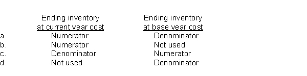 When the double extension approach to the dollar-value LIFO inventory cost flow method is used, the inventory layer added in the current year is multiplied by an index number.How would the following be used in the calculation of this index number?  