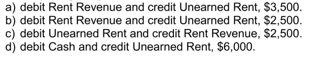On August 1, 2013, Black Corporation received $6,000 cash from a tenant for one year's rent in advance, and recorded the transaction with a credit to Rent Revenue.The December 31, 2013 required adjusting entry in connection with this would be  