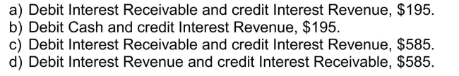 On December 1, 2013, Pink Inc.lent $52,000 to Zinc Inc.in return for a three-month, 4.5% interest-bearing note.What adjusting entry should Pink Inc.make on December 31, 2013, in connection with this note?  