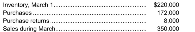 Oregon Ltd.estimates the cost of its physical inventory at March 31 for use in interim financial statements.The rate of mark-up on cost is 25%.The following account balances are available:   What is the estimated dollar value of the inventory at March 31? A) $34,000 B) $78,000 C) $104,000 D) $121,500