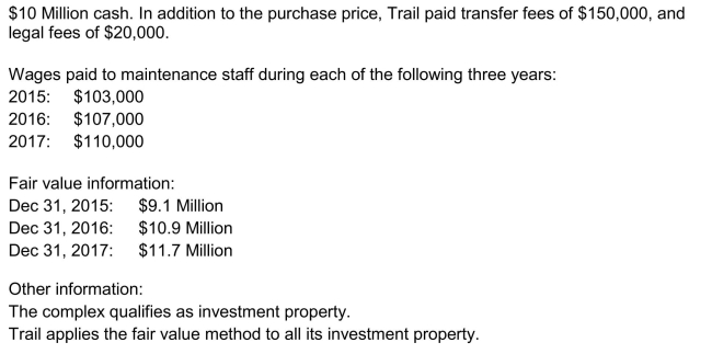 Application of the fair value model On January 20, 2015, Trail Corp.purchased a luxury apartment complex in British Columbia for   Instructions Prepare all required journal entries for 2015, 2016, and 2017.