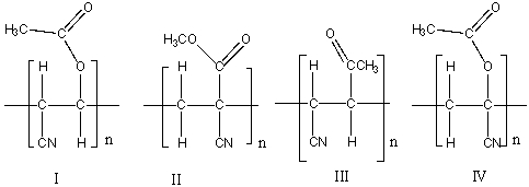  Which one of the following is the correct structure for poly(methyl  \alpha -cyanoacrylate) ?   A)  I B)  II C)  III D)  IV E)  none of these 