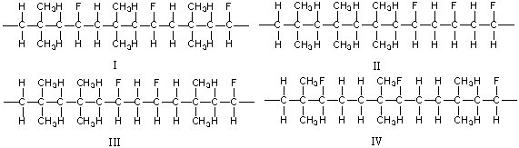 Which of the following is a region of a random copolymer constructed from isobutylene and vinyl fluoride?   A)  I B)  II C)  III D)  IV E)  none of these