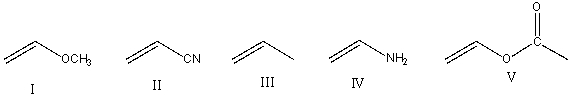 Which of the following monomers would be most reactive towards anionic polymerization?   A)  I B)  II C)  III D)  IV E)  V