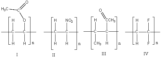 Which of the following polymers would be best prepared using cationic polymerization?   A)  I B)  II C)  III D)  IV E)  none of these