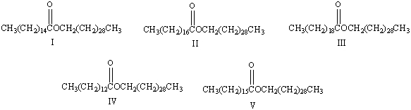 When triacontyl hexadecanoate, a major component of beeswax was treated with aqueous NaOH, it produced the following two products. Provide the structure of triacontyl hexadecanoate.     A)  I B)  II C)  III D)  IV E)  V