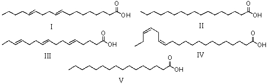Which of the following fatty acids is (are)  most likely to occur in natural source?   A)  I & III B)  I, III & IV C)  II & V D)  IV & V E)  I, III, IV & V