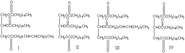 An optically inactive triglyceride produced two palmitic acid residues and one oleic acid residue, when heated in the presence of acid. Provide the structure(s)  for this triglyceride.   A)  I B)  II C)  III D)  IV E)  B & C