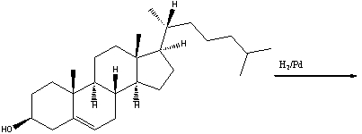 Predict the major product when cholesterol is treated with hydrogen in the presence of a palladium catalyst.  