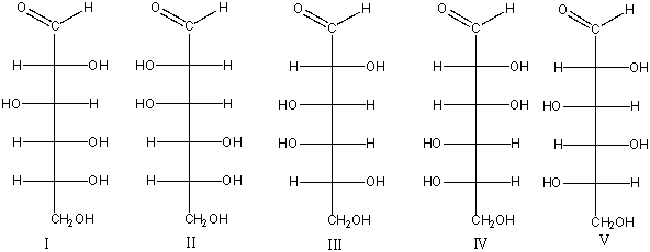 Which of the following compounds are a pair of enantiomers?   A)  I & III B)  II & IV C)  III & V D)  IV E)  none of these