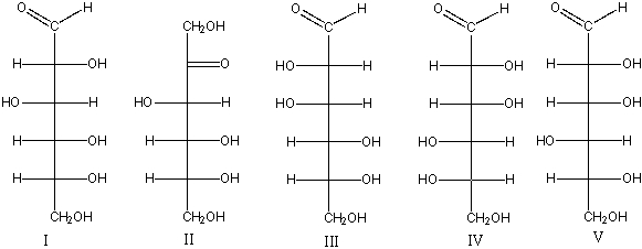 Which of the following is(are)  L-hexose(s) ?   A)  I B)  II C)  III D)  IV E)  V