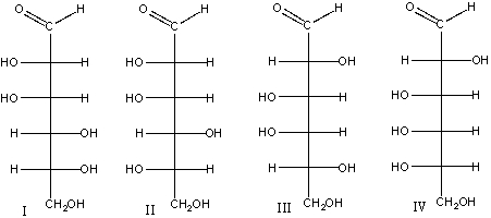 Which of the following compounds is(are)  an epimer(s)  of D-glucose?   A)  I B)  II C)  I & III D)  II &IV E)  I & II