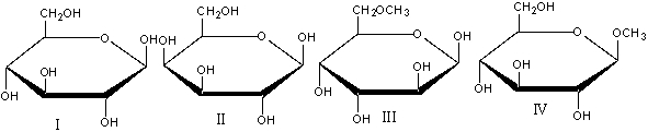 Which of the following compound(s)  would undergo mutarotation in aqueous solution?   A) I B) II&III C) III&IV D) I&II&III E)  all of these
