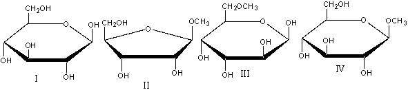 Which of the following compound(s)  would NOT undergo mutarotation in aqueous solution?   A) I B) II&IV C) III D) IV E)  II, III & IV