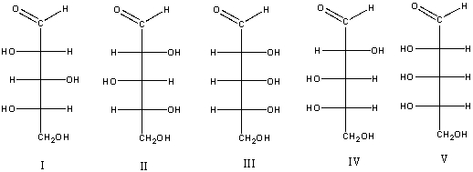 Which of the following compound(s)  would produce an optically active aldaric acid?   A)  I B)  II C)  III D)  IV E)  V