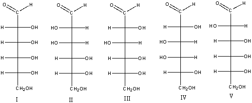 Predict the product(s)  for the following Kiliani-Fischer synthesis.     A)  I & V B)  II & IV C)  I & III D)  III & IV E)  II & V