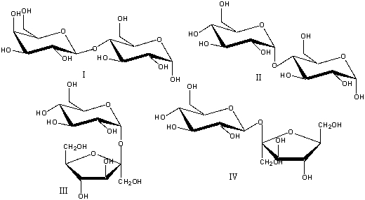 Which one of the following is a correct structure for sucrose?   A)  I B)  II C)  III D)  IV E)  none of these