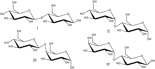 Which one of the following is a correct structure for cellobiose?   A)  I B)  II C)  III D)  IV E)  none of these
