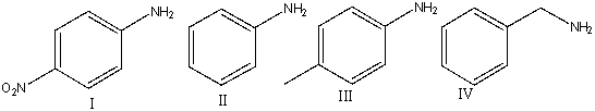 Rank the following compounds in decreasing (strongest to weakest)  order of basicity.   A)  I>III>II>IV B)  II>III>I>IV C)  IV>II>III>IV D)  IV>III>II>I E)  III>II>I>IV