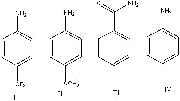 Arrange the following compounds in decreasing (strongest to weakest)  order of basicity.   A)  I>III>II>IV B)  II>III>I>IV C)  IV>III>II>I D)  IV>I>II>III E)  II>IV>I>III