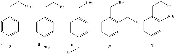  A compound with molecular formula C<sub>8</sub>H<sub>10</sub>BrN exhibits a singlet at  \delta 1.2 (I=2) , a triplet at  \delta 2.8 (I=2) , a triplet at  \delta 3.0 (I=2) , a doublet at  \delta 7.1 (I=2)  and a doublet at  \delta 7.4 (I=2)  in its <sup>1</sup>HNMR spectrum. Its IR spectrum shows two medium absorption bands near 3400 cm<sup>-1</sup>. What is the structure for this compound?   A)  I B)  II C)  III D)  IV E)  V 