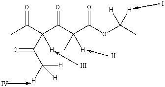 Which is the most acidic hydrogen in the following compound?   A)  I B)  II C)  III D)  IV E)  all of these