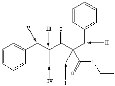 Which is the most acidic hydrogen in the following compound?   A)  I B)  II C)  III D)  IV E)  V