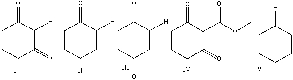 Which one of the following indicated hydrogens is most acidic?   A)  I B)  II C)  III D)  IV E)  V