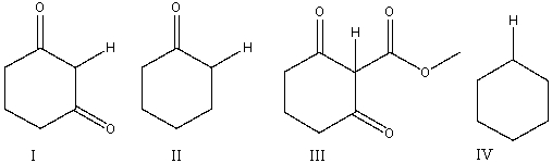 Arrange the following indicated hydrogens in decreasing order (most to least)  of acidity.   A)  I>II>III>IV B)  IV>II>III>I C)  III>II>I>IV D)  II>I>III>IV E)  III>I>II>IV