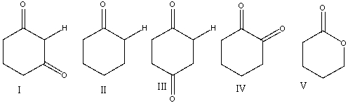 Which one of the following compounds is most likely to favor the enol tautomer over the ketone tautomer?   A)  I B)  II C)  III D)  IV E)  V