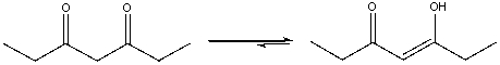  Which of the following statements explains the ketone-enol equilibrium shown below?   A)  simple enols are more stable B)  the enol tautomer is stabilized by the conjugated   \pi  system C)  the enol tautomer is stabilized by the intramolecular hydrogen bonding D)  the diketone is less coplanar E)  both B & C 