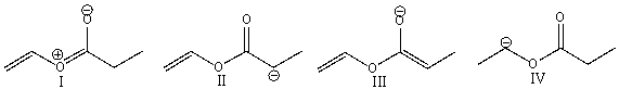 Which of the following compounds represents an enolate?   A)  I B)  II C)  III D)  IV E)  both B & C