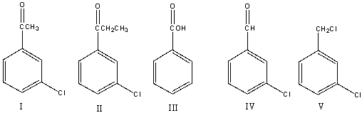 Provide the reactant that would yield m-chlorobenzoic acid using the haloform reaction.   A)  I B)  II C)  III D)  IV E)  V