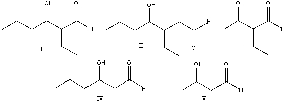 Which one of the following is not a possible product when a crossed aldol addition reaction is carried out with ethanal and butanal as reactants?   A)  I B)  II C)  III D)  IV E)  V
