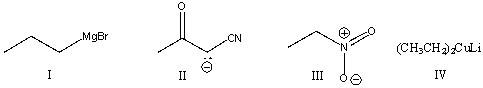 Which of the following nucleophiles will undergo conjugate addition in Michael reaction?   A)  I B)  I & II C)  III D)  I & IV E)  II & IV