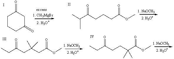 Which one of the following reaction sequences will yield 2,2-dimethylcyclohexane-1,3-dione.   A)  I B)  II C)  III D)  IV E)  II & IV